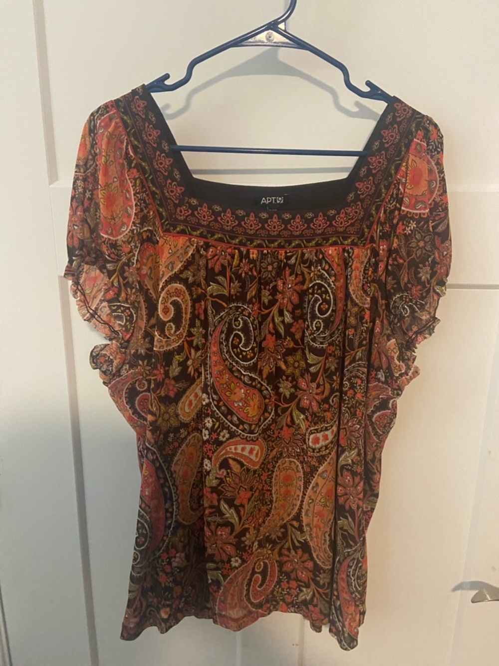Apt. 9 Black Paisley Short Sleeve Blouse with Rust and Gold Accents